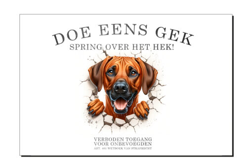 Doe eens gek, spring over het hek, waakbord, Ruby, Ridgeback, Rhodesian Ridgeback